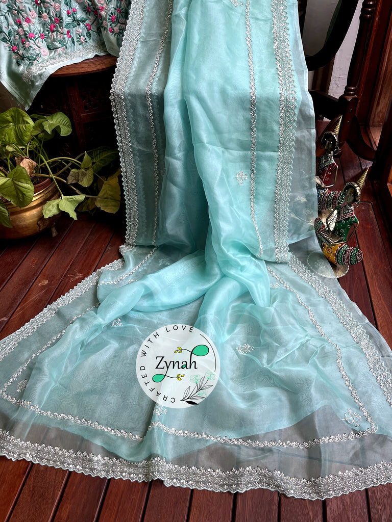 Zynah Sea Green Color Pure Organza Silk Saree with Sequence, Pearls & Cut-dana Work; Custom Stitched/Ready-made Blouse, Fall, Petticoat; Shipping available USA, Worldwide