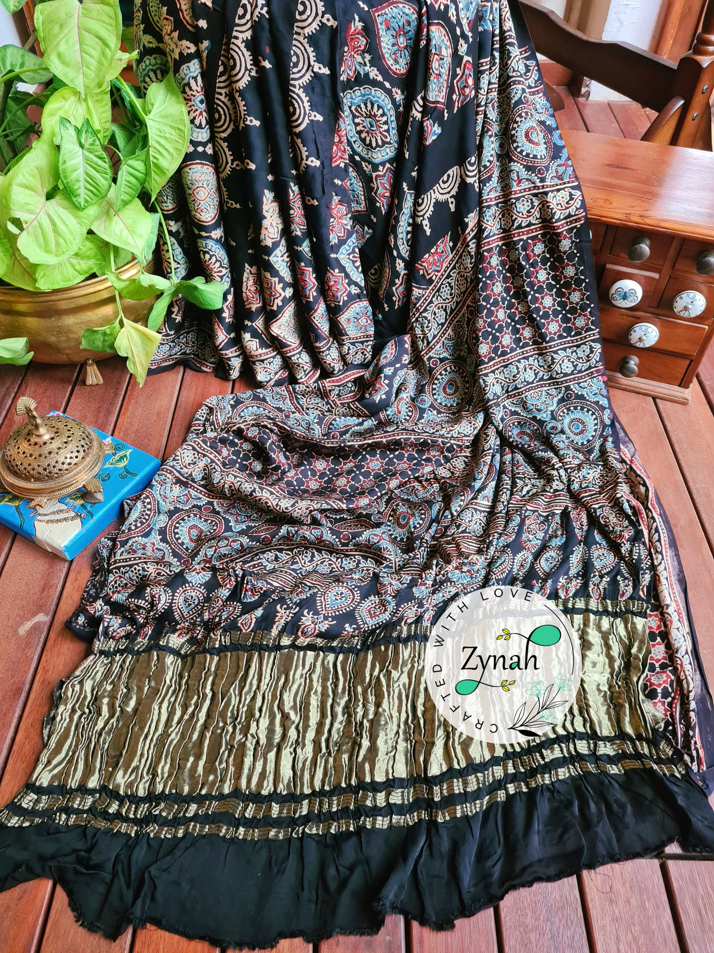 Zynah Black Color Pure Modal Silk Ajrakh Saree with Handblock Prints; Custom Stitched/Ready-made Blouse, Fall, Petticoat; Shipping available USA, Worldwide