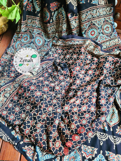 Zynah Black Color Pure Modal Silk Ajrakh Saree with Handblock Prints; Custom Stitched/Ready-made Blouse, Fall, Petticoat; Shipping available USA, Worldwide