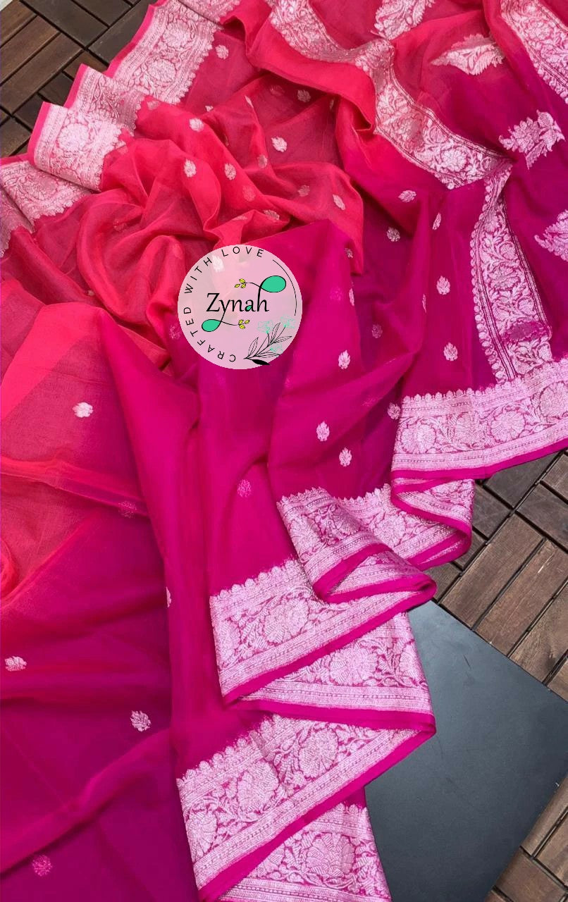 Zynah Pure Banarasi Handloom Khaddi Georgette Double-shaded Saree with Zari Weave; Custom Stitched/Ready-made Blouse, Fall, Petticoat; Shipping available USA, Worldwide