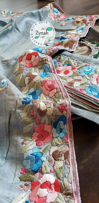 Zynah Made to Order Pure Tussar Silk Parsi Gara Handcrafted Saree; Custom Stitched/Ready-made Blouse, Fall, Petticoat; Shipping available USA, Worldwide