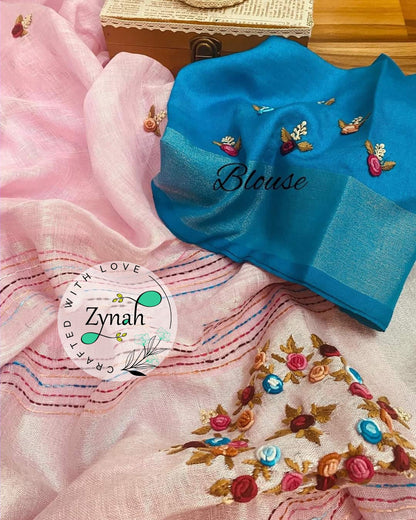 Zynah Pure Linen(120c) Handcrafted Saree with French Knot Hand Embroidery; Custom Stitched/Ready-made Blouse, Fall, Petticoat; Shipping available USA, Worldwide