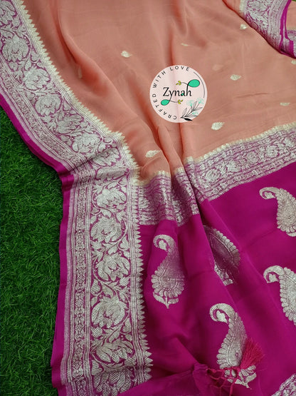 Zynah Pure Banarasi Handloom Khaddi Georgette Saree with Zari Weave; Custom Stitched/Ready-made Blouse, Fall, Petticoat; Shipping available USA, Worldwide