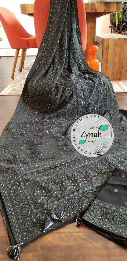 Zynah Pure Georgette Saree with Chikankari & Sequence Work; Custom Stitched/Ready-made Blouse, Fall, Petticoat; Shipping available USA, Worldwide