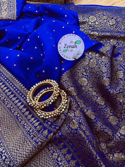 Zynah Pure Khaddi Georgette Saree with Golden Zari Weave; Custom Stitched/Ready-made Blouse, Fall, Petticoat; Shipping available USA, Worldwide