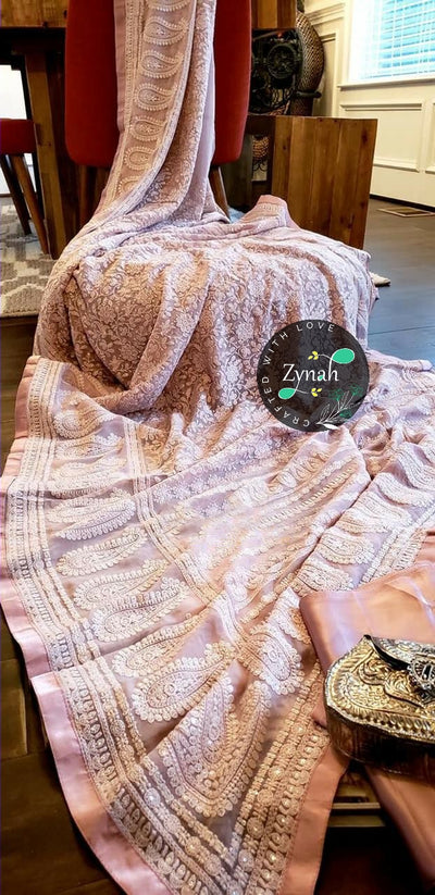 Zynah Pure Georgette Saree with Chikankari & Sequence Work; Custom Stitched/Ready-made Blouse, Fall, Petticoat; Shipping available USA, Worldwide