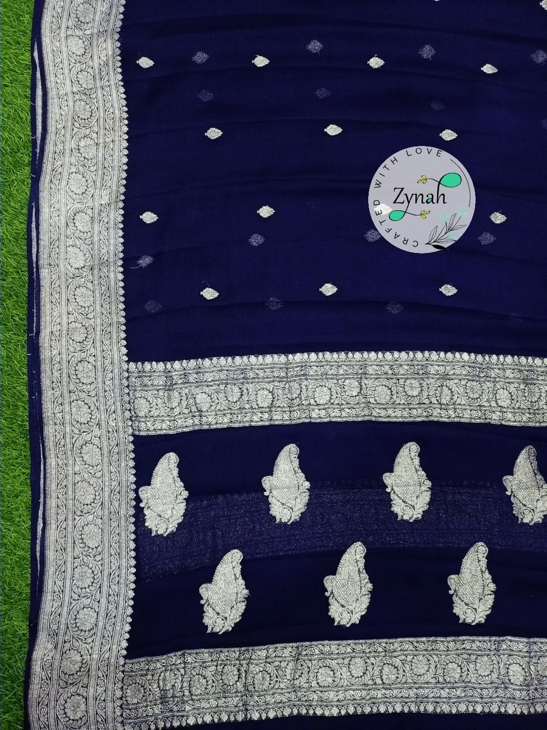 Zynah Pure Banarasi Handloom Khaddi Georgette Saree with Zari Border & Butis; Custom Stitched/Ready-made Blouse, Fall, Petticoat; Shipping available USA, Worldwide