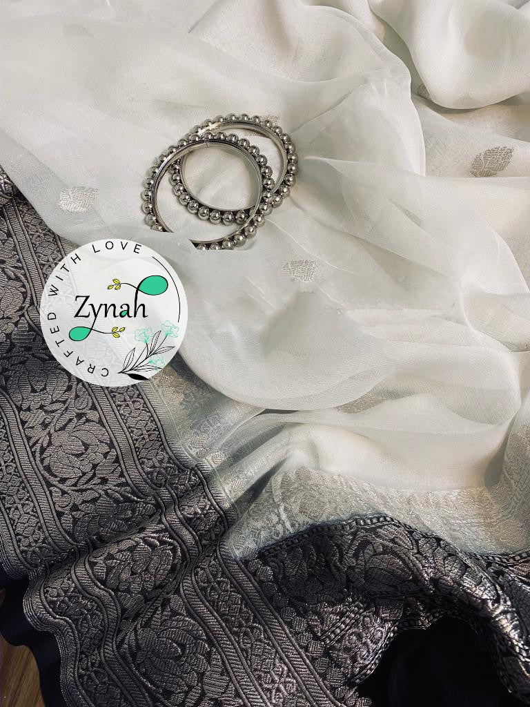 Zynah White & Black Color Pure Banarasi Handloom Khaddi Georgette Saree with Zari Border & Butis; Custom Stitched/Ready-made Blouse, Fall, Petticoat; Shipping available USA, Worldwide