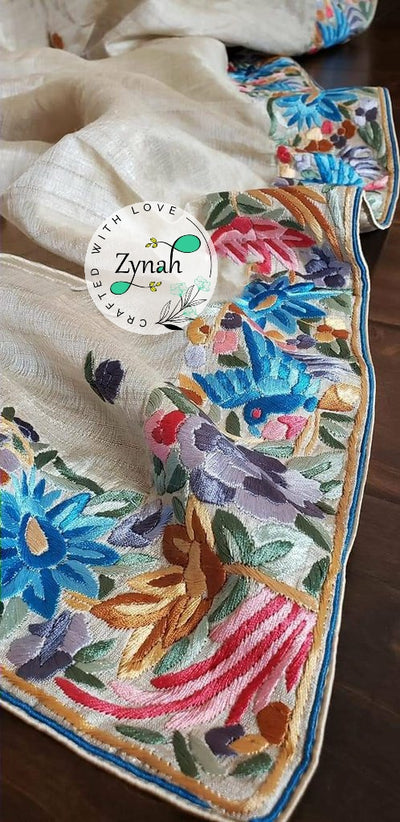 Zynah Made to Order Pure Tussar Silk Parsi Gara Handcrafted Saree; Custom Stitched/Ready-made Blouse, Fall, Petticoat; Shipping available USA, Worldwide