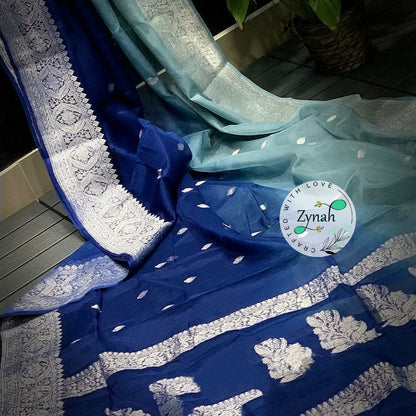 Zynah Pure Banarasi Handloom Khaddi Georgette Double-shaded Saree with Zari Weave; Custom Stitched/Ready-made Blouse, Fall, Petticoat; Shipping available USA, Worldwide