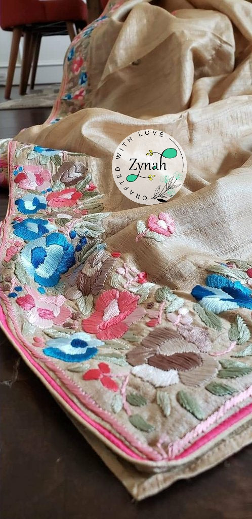 Zynah Made to Order Pure Tussar Silk Parsi Gara Handcrafted Saree; Custom Stitched/Ready-made Blouse, Fall, Petticoat; Shipping available USA, Worldwide
