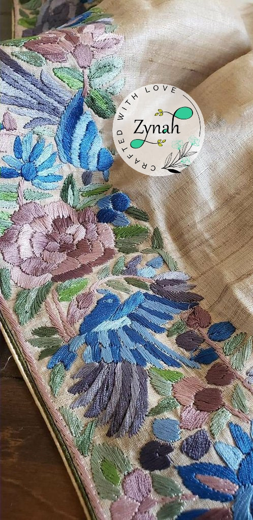 Zynah Made to Order Pure Tussar Silk Parsi Gara Handcrafted Saree; Custom Stitched/Ready-made Blouse, Fall, Petticoat; Shipping available USA, Worldwide