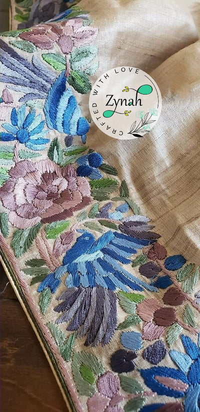 Zynah Made to Order Pure Tussar Silk Parsi Gara Handcrafted Saree; Custom Stitched/Ready-made Blouse, Fall, Petticoat; Shipping available USA, Worldwide