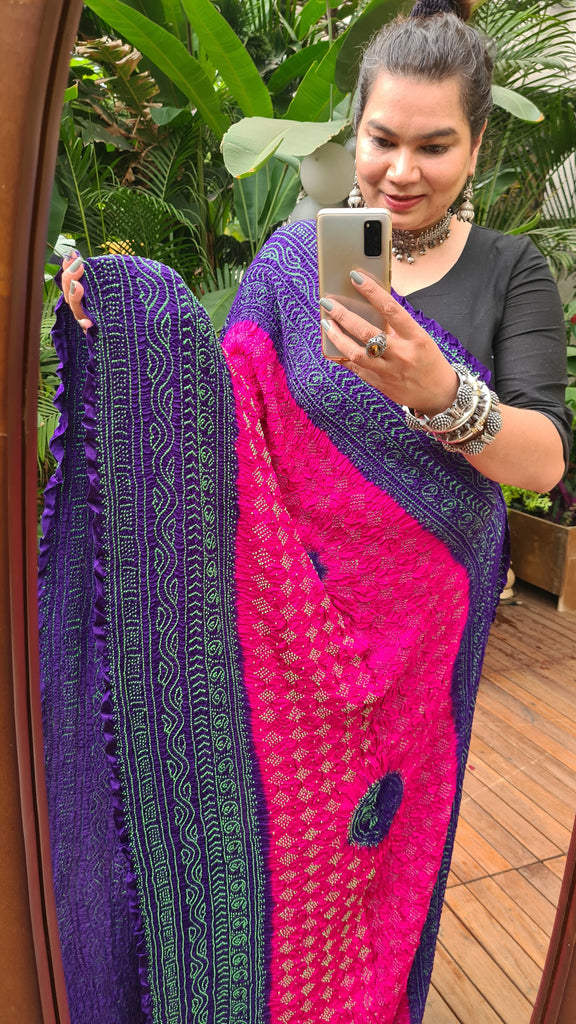 Zynah Pure Gajji Silk Designer Bandhani Saree with Trending Big Border; Custom Stitched/Ready-made Blouse, Fall, Petticoat; Shipping available USA, Worldwide