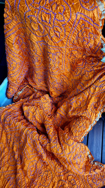 Zynah Pure Gajji Silk Designer Bandhani Saree with Tissue Zari Pallu; Custom Stitched/Ready-made Blouse, Fall, Petticoat; Shipping available USA, Worldwide