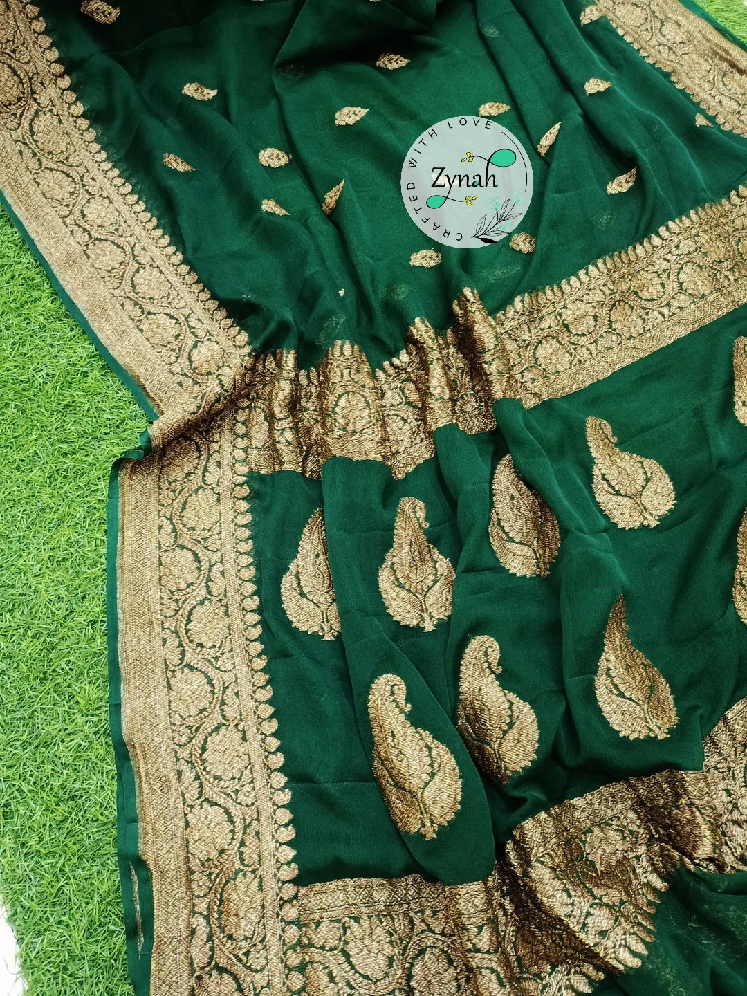 Zynah Pure Banarasi Handloom Khaddi Georgette Saree with Zari Border & Butis; Custom Stitched/Ready-made Blouse, Fall, Petticoat; Shipping available USA, Worldwide