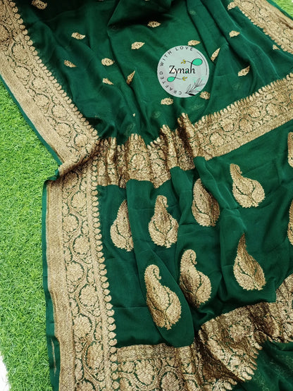 Zynah Pure Banarasi Handloom Khaddi Georgette Saree with Zari Border & Butis; Custom Stitched/Ready-made Blouse, Fall, Petticoat; Shipping available USA, Worldwide
