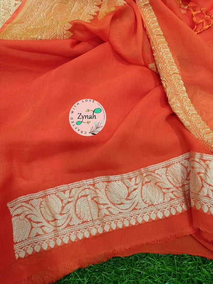 Zynah Pure Banarasi Handloom Khaddi Georgette Saree with Zari Border & Butis; Custom Stitched/Ready-made Blouse, Fall, Petticoat; Shipping available USA, Worldwide