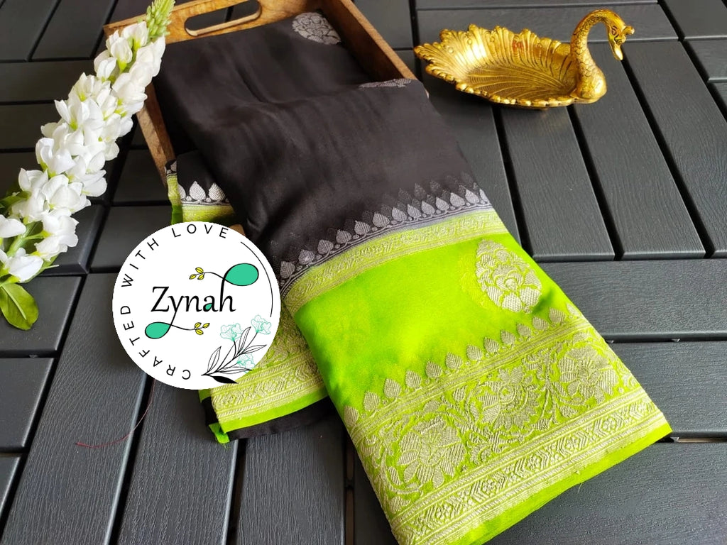Zynah Pure Banarasi Handloom Khaddi Georgette Saree with Zari Weave; Custom Stitched/Ready-made Blouse, Fall, Petticoat; Shipping available USA, Worldwide