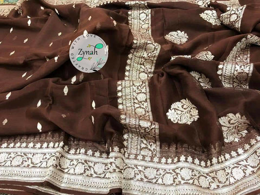 Zynah Pure Banarasi Handloom Khaddi Georgette Saree with Golden Zari Border & Butis; Custom Stitched/Ready-made Blouse, Fall, Petticoat; Shipping available USA, Worldwide