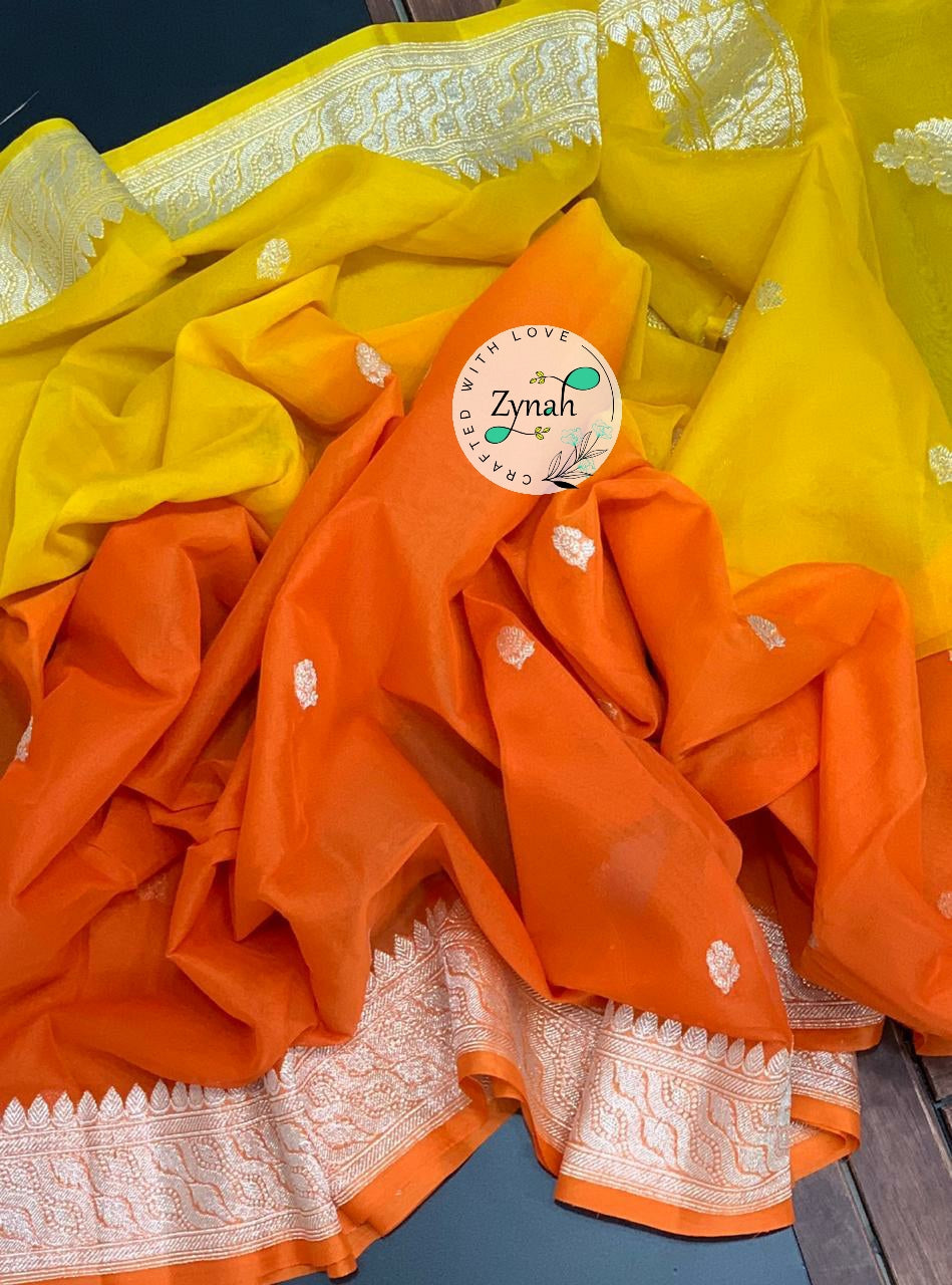 Zynah Pure Banarasi Handloom Khaddi Georgette Double-shaded Saree with Zari Weave; Custom Stitched/Ready-made Blouse, Fall, Petticoat; Shipping available USA, Worldwide