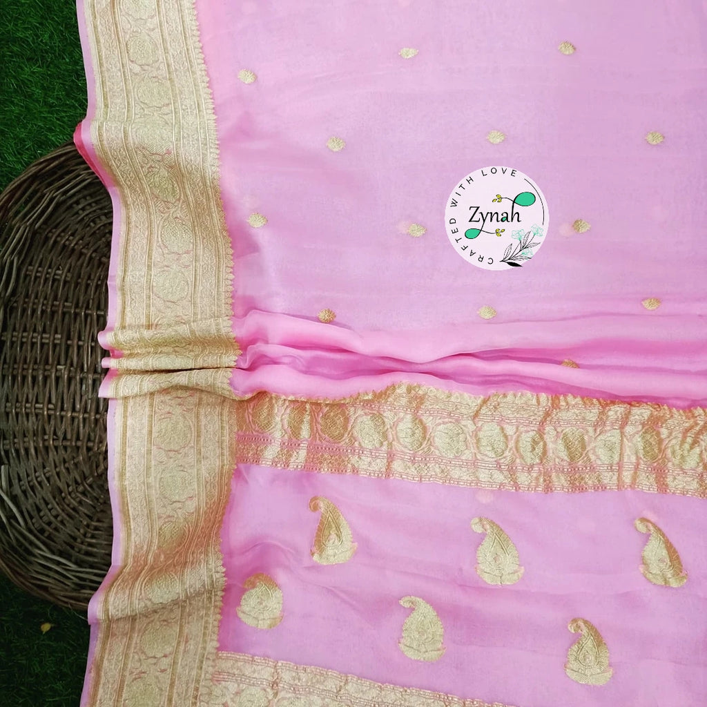 Zynah Pure Banarasi Handloom Khaddi Georgette Saree with Zari Border & Butis; Custom Stitched/Ready-made Blouse, Fall, Petticoat; Shipping available USA, Worldwide