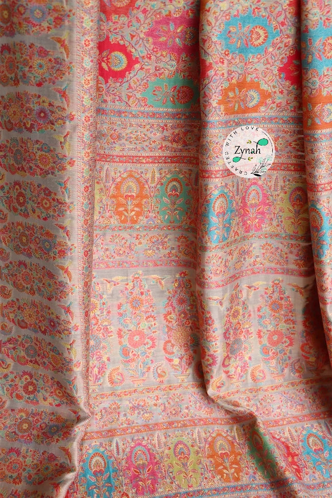 Zynah Pure Silk Kani Jamawar Saree with Grand Pallu & Border; Custom Stitched/Ready-made Blouse, Fall, Petticoat; Shipping available USA, Worldwide