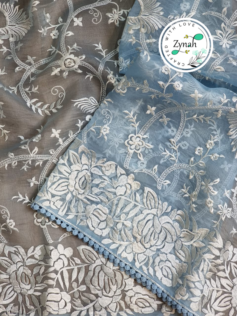 Zynah Blue Color Pure Organza Silk Saree with Parsi Gara Inspired Embroidery & Crochet Lace; Custom Stitched/Ready-made Blouse, Fall, Petticoat; Shipping available USA, Worldwide