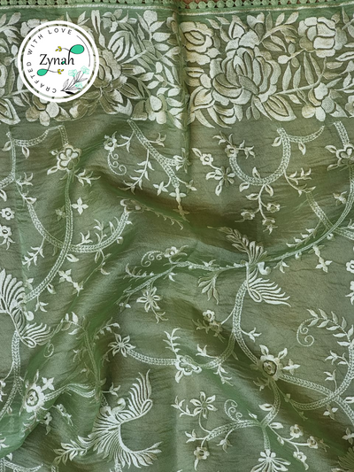 Zynah Teal Color Pure Organza Silk Saree with Parsi Gara Inspired Embroidery & Crochet Lace; Custom Stitched/Ready-made Blouse, Fall, Petticoat; Shipping available USA, Worldwide