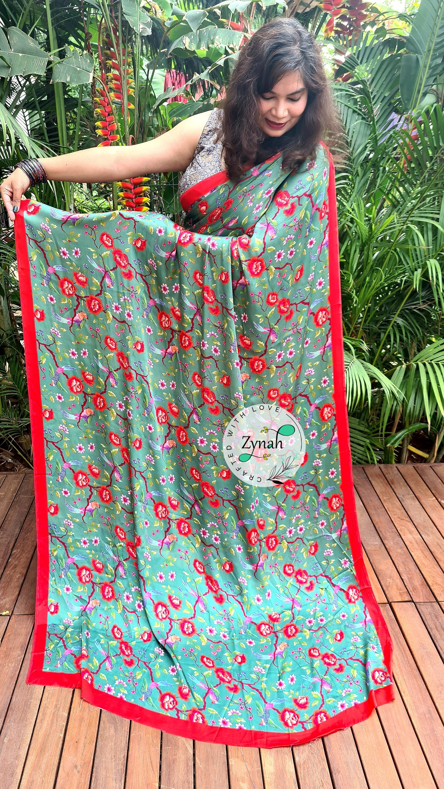 Zynah Pure Satin Silk Saree with Floral Prints; Custom Stitched/Ready-made Blouse, Fall, Petticoat; Shipping available USA, Worldwide