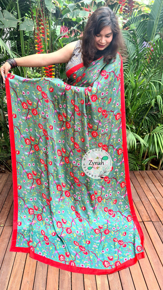 Zynah Pure Satin Silk Saree with Floral Prints; Custom Stitched/Ready-made Blouse, Fall, Petticoat; Shipping available USA, Worldwide