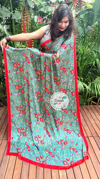 Zynah Pure Satin Silk Saree with Floral Prints; Custom Stitched/Ready-made Blouse, Fall, Petticoat; Shipping available USA, Worldwide