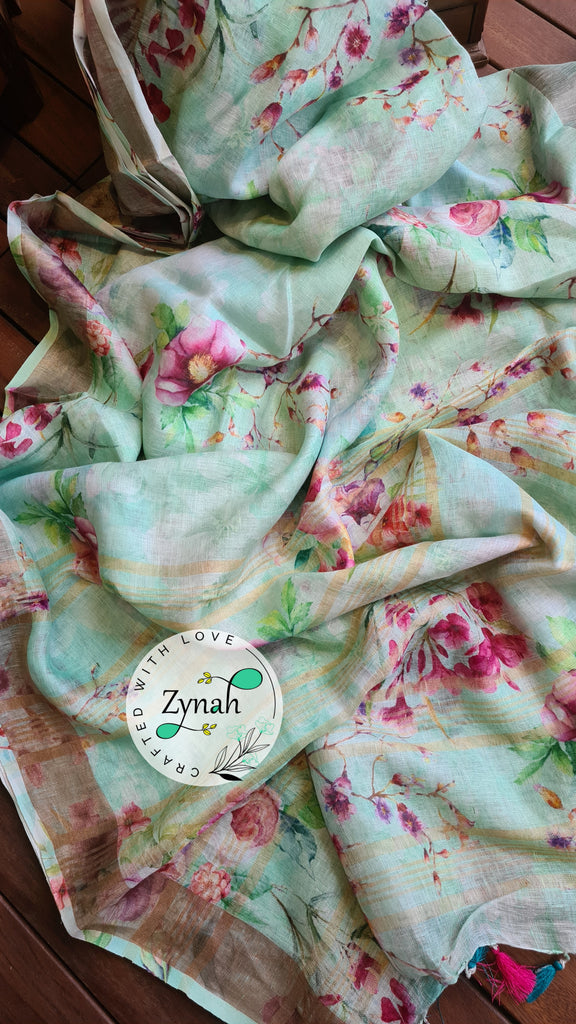 Zynah Organic Pure Linen by Linen(120c) Saree with Digital Floral Prints & Zari Border; Custom Stitched/Ready-made Blouse, Fall, Petticoat; Shipping available USA, Worldwide