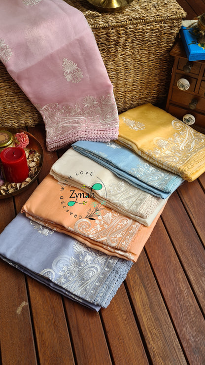 Zynah Pure Organza Silk Saree with Thread Embroidery & Crochet lace Border; Custom Stitched/Ready-made Blouse, Fall, Petticoat; Shipping available USA, Worldwide