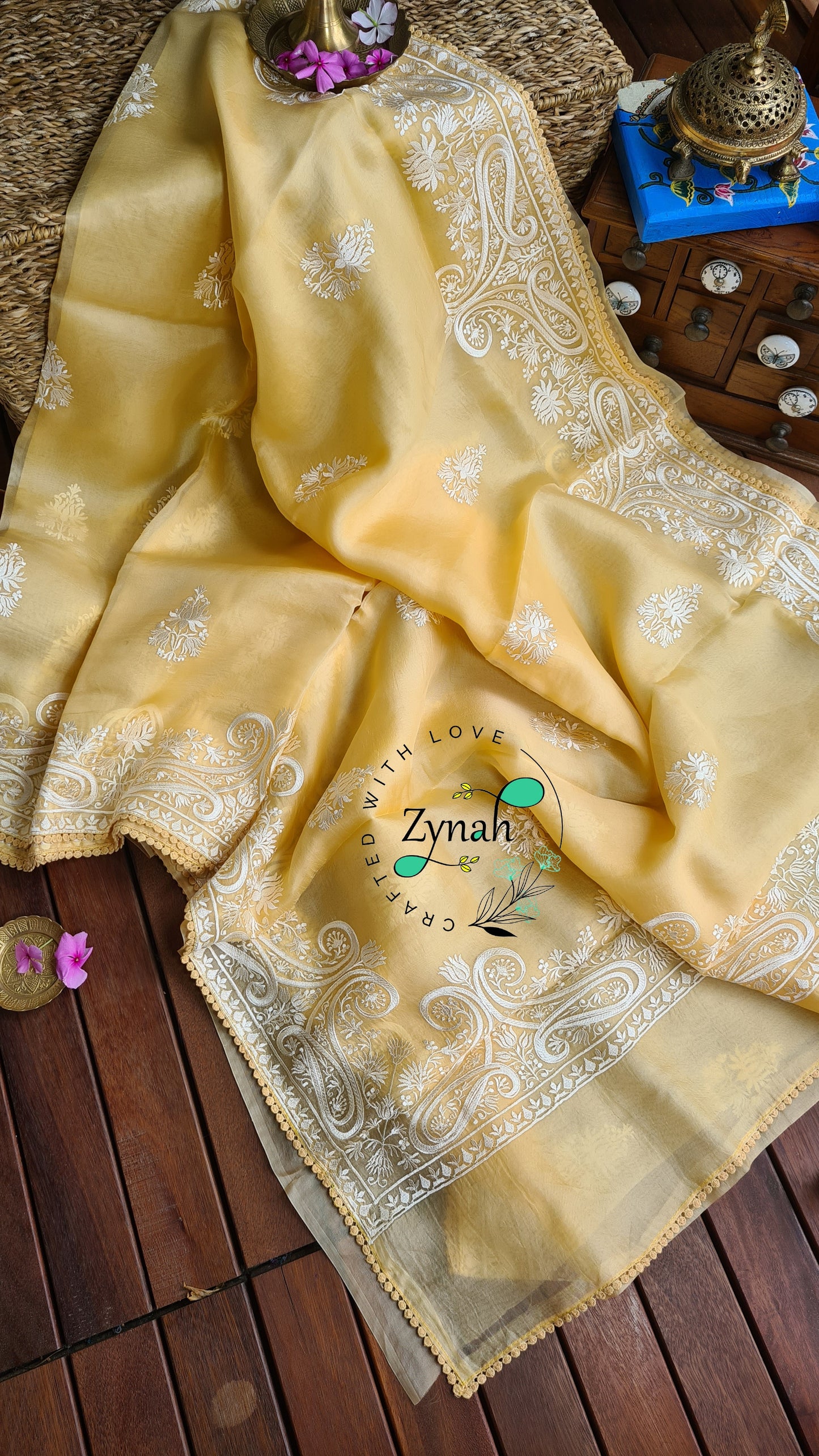 Zynah Pure Organza Silk Saree with Thread Embroidery & Crochet lace Border; Custom Stitched/Ready-made Blouse, Fall, Petticoat; Shipping available USA, Worldwide