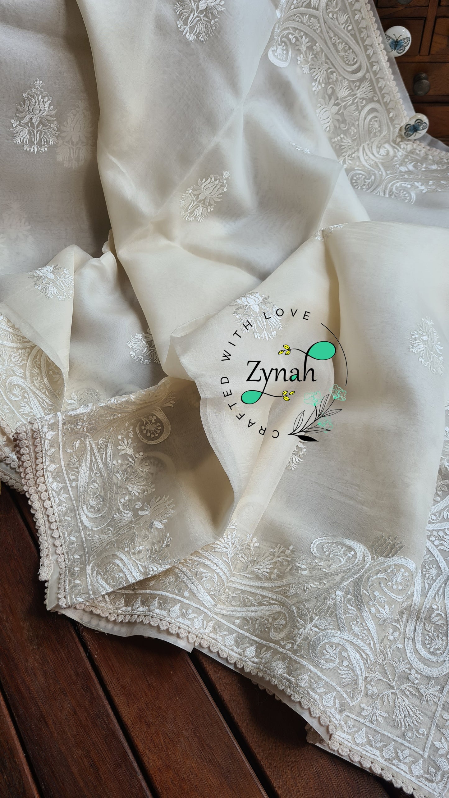 Zynah Pure Organza Silk Saree with Thread Embroidery & Crochet lace Border; Custom Stitched/Ready-made Blouse, Fall, Petticoat; Shipping available USA, Worldwide