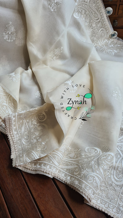 Zynah Pure Organza Silk Saree with Thread Embroidery & Crochet lace Border; Custom Stitched/Ready-made Blouse, Fall, Petticoat; Shipping available USA, Worldwide