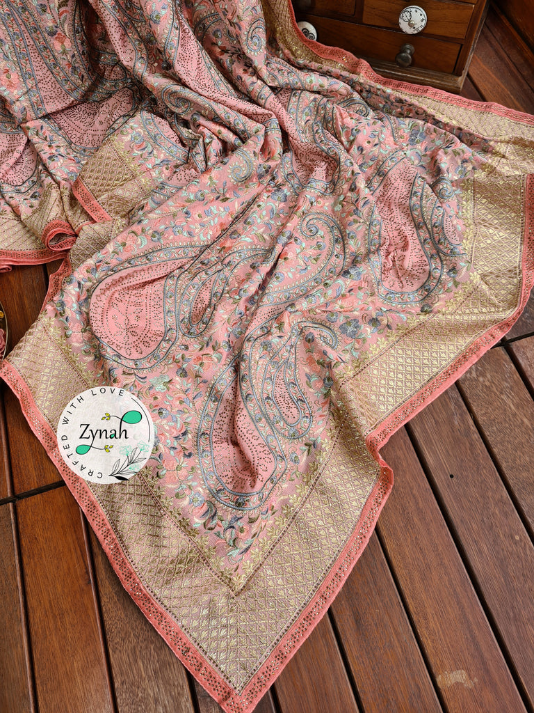 Zynah Pure Chinnon Georgette Kashmiri Kashida Inspired Saree with Hand-embellished Work; Custom Stitched/Ready-made Blouse, Fall, Petticoat; Shipping available USA, Worldwide