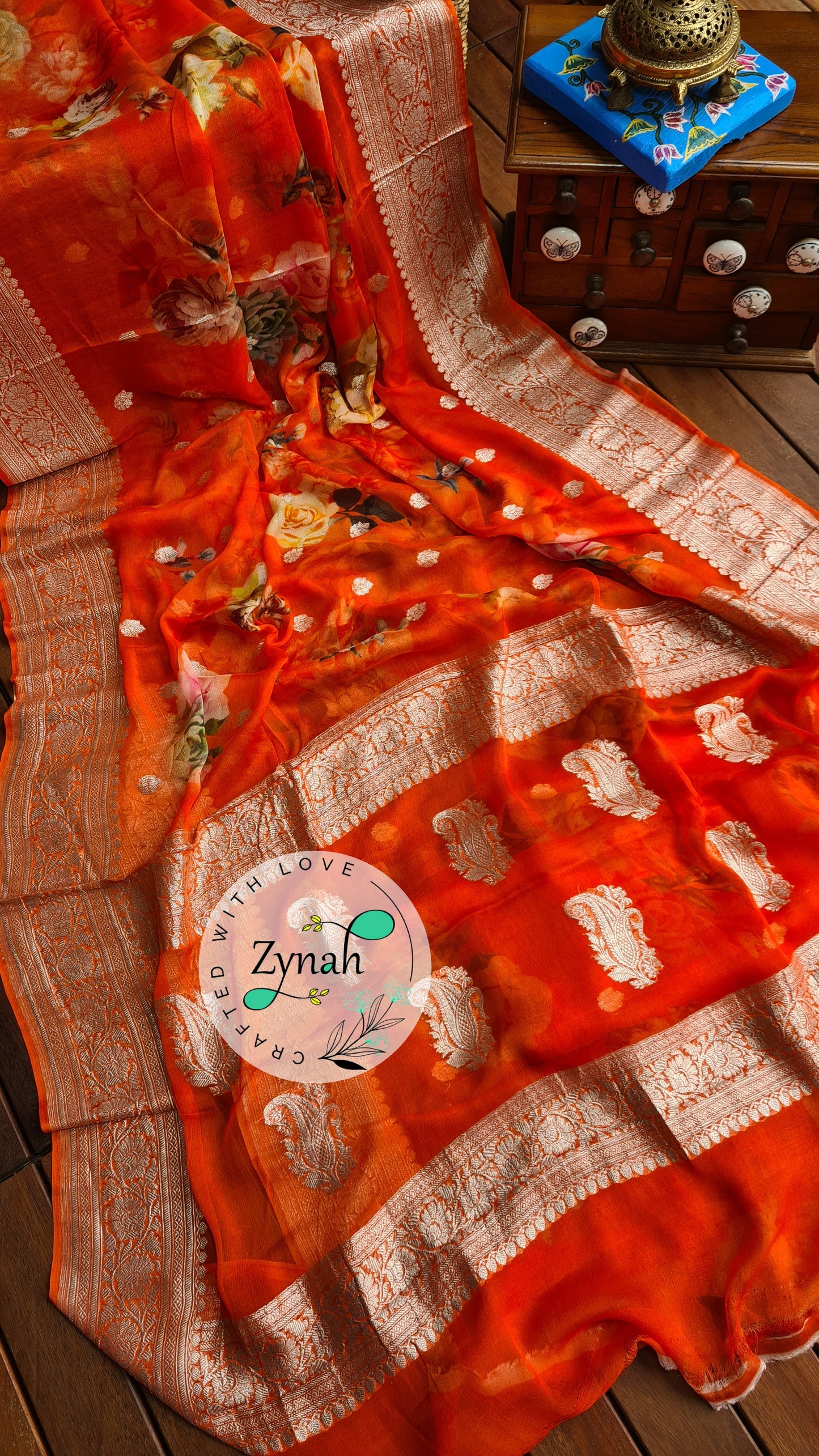 Zynah Pure Khaddi Chiffon Saree with Floral Prints & Silver Zari Weave; Custom Stitched/Ready-made Blouse, Fall, Petticoat; Shipping available USA, Worldwide