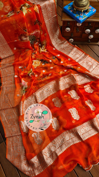 Zynah Pure Khaddi Chiffon Saree with Floral Prints & Silver Zari Weave; Custom Stitched/Ready-made Blouse, Fall, Petticoat; Shipping available USA, Worldwide
