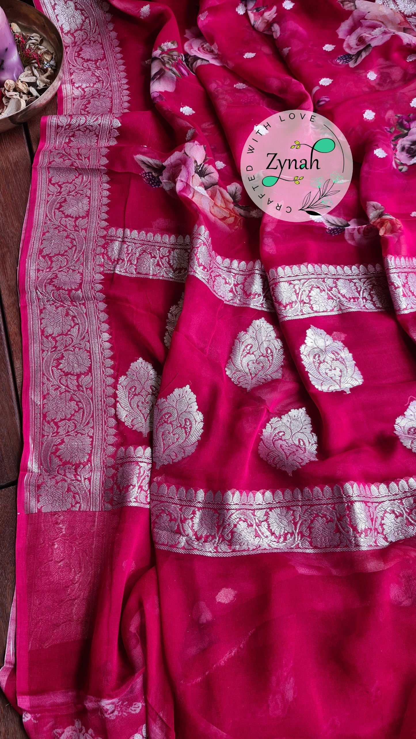 Zynah Pure Khaddi Chiffon Saree with Floral Prints & Silver Zari Weave; Custom Stitched/Ready-made Blouse, Fall, Petticoat; Shipping available USA, Worldwide