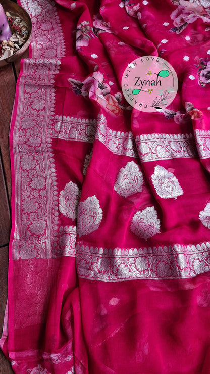 Zynah Pure Khaddi Chiffon Saree with Floral Prints & Silver Zari Weave; Custom Stitched/Ready-made Blouse, Fall, Petticoat; Shipping available USA, Worldwide