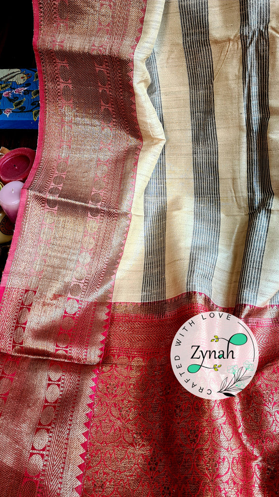 Zynah Pure Tussar Banarasi Silk Saree with Antique Zari; Custom Stitched/Ready-made Blouse, Fall, Petticoat; Shipping available USA, Worldwide