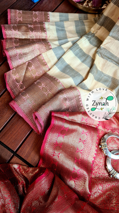 Zynah Pure Tussar Banarasi Silk Saree with Antique Zari; Custom Stitched/Ready-made Blouse, Fall, Petticoat; Shipping available USA, Worldwide
