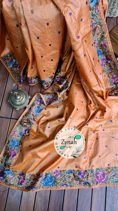 Zynah Made to Order Pure Tussar Silk Parsi Gara Handcrafted Saree; Custom Stitched/Ready-made Blouse, Fall, Petticoat; Shipping available USA, Worldwide
