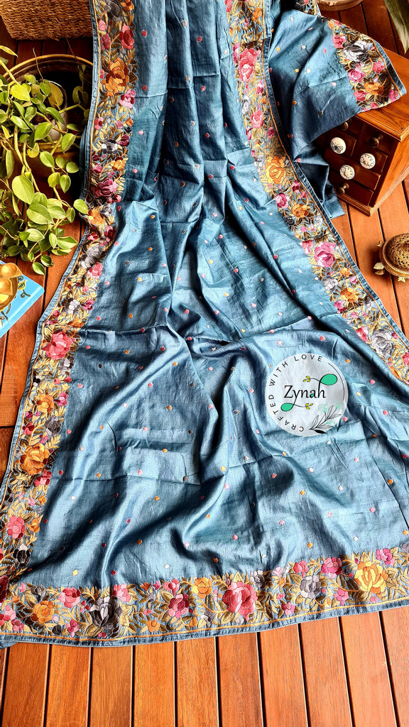 Zynah Made to Order Pure Tussar Silk Parsi Gara Handcrafted Saree; Custom Stitched/Ready-made Blouse, Fall, Petticoat; Shipping available USA, Worldwide