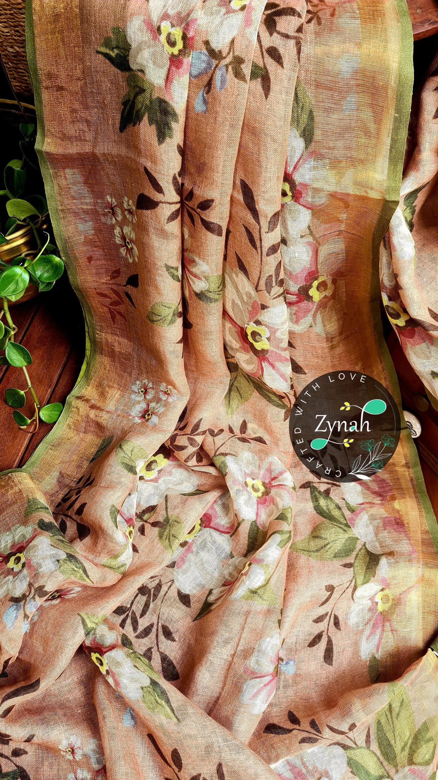 Zynah Organic Pure Linen by Linen(120c) Saree with Digital Floral Prints & Zari Border; Custom Stitched/Ready-made Blouse, Fall, Petticoat; Shipping available USA, Worldwide