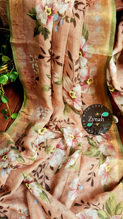 Zynah Organic Pure Linen by Linen(120c) Saree with Digital Floral Prints & Zari Border; Custom Stitched/Ready-made Blouse, Fall, Petticoat; Shipping available USA, Worldwide