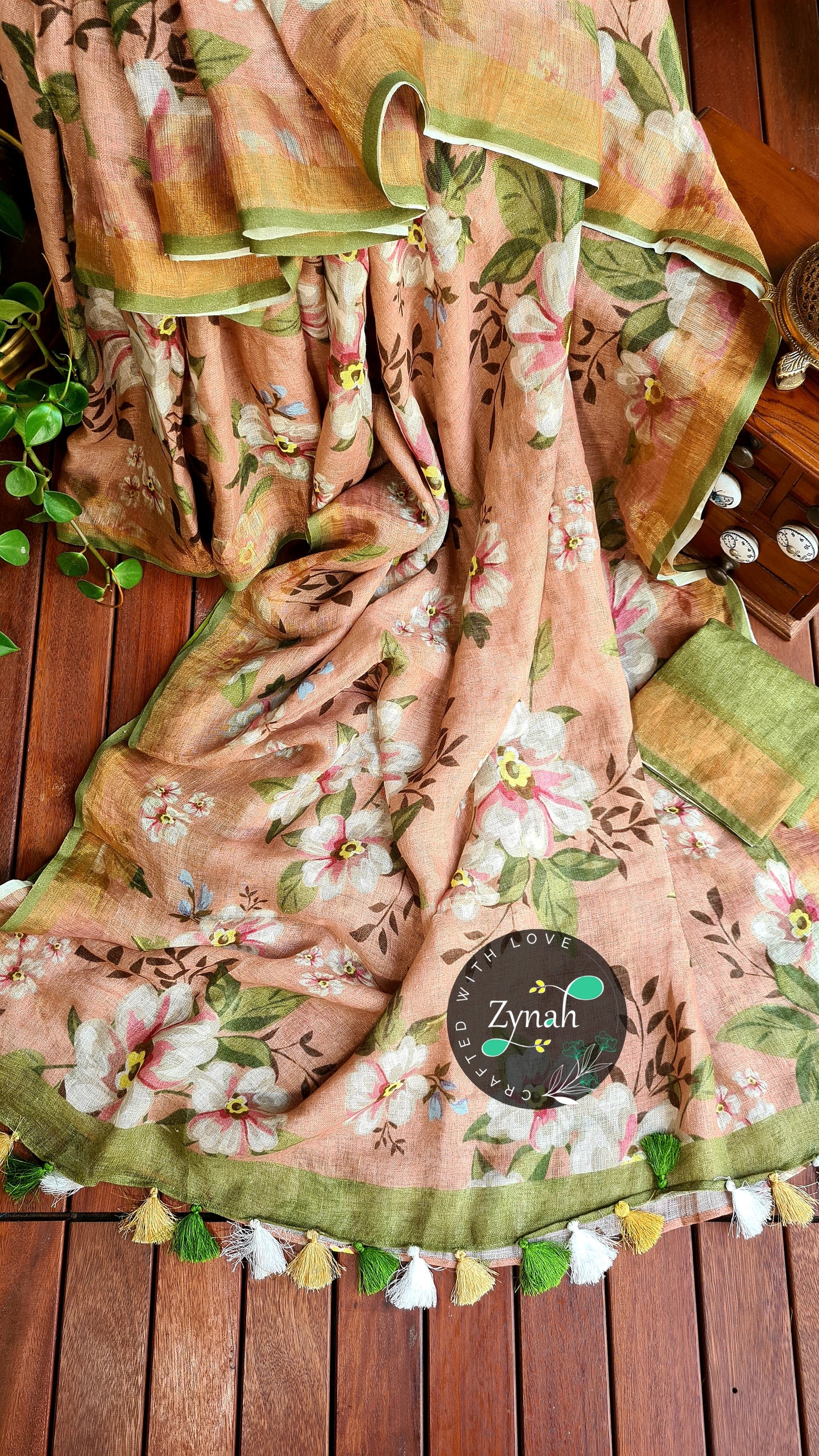 Zynah Organic Pure Linen by Linen(120c) Saree with Digital Floral Prints & Zari Border; Custom Stitched/Ready-made Blouse, Fall, Petticoat; Shipping available USA, Worldwide