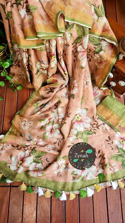 Zynah Organic Pure Linen by Linen(120c) Saree with Digital Floral Prints & Zari Border; Custom Stitched/Ready-made Blouse, Fall, Petticoat; Shipping available USA, Worldwide